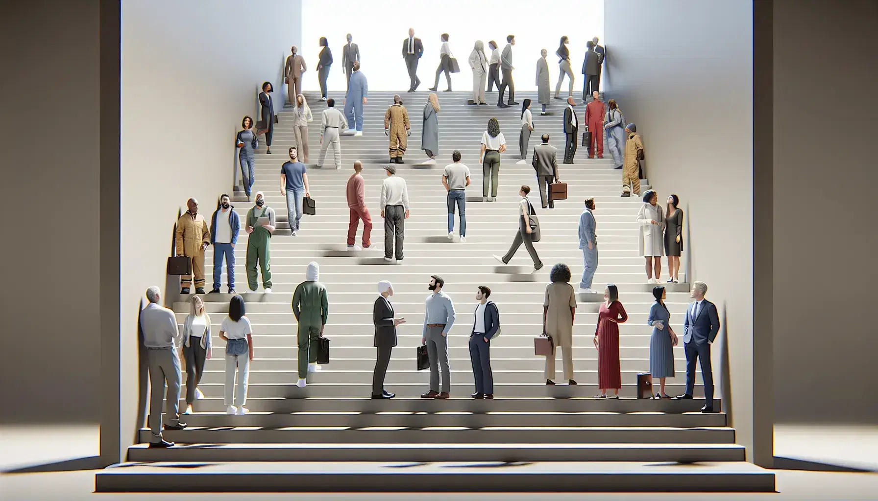 Grupo diverso de personas en escaleras grises, con ropa de trabajo a formal, ascendiendo en dirección no visible.