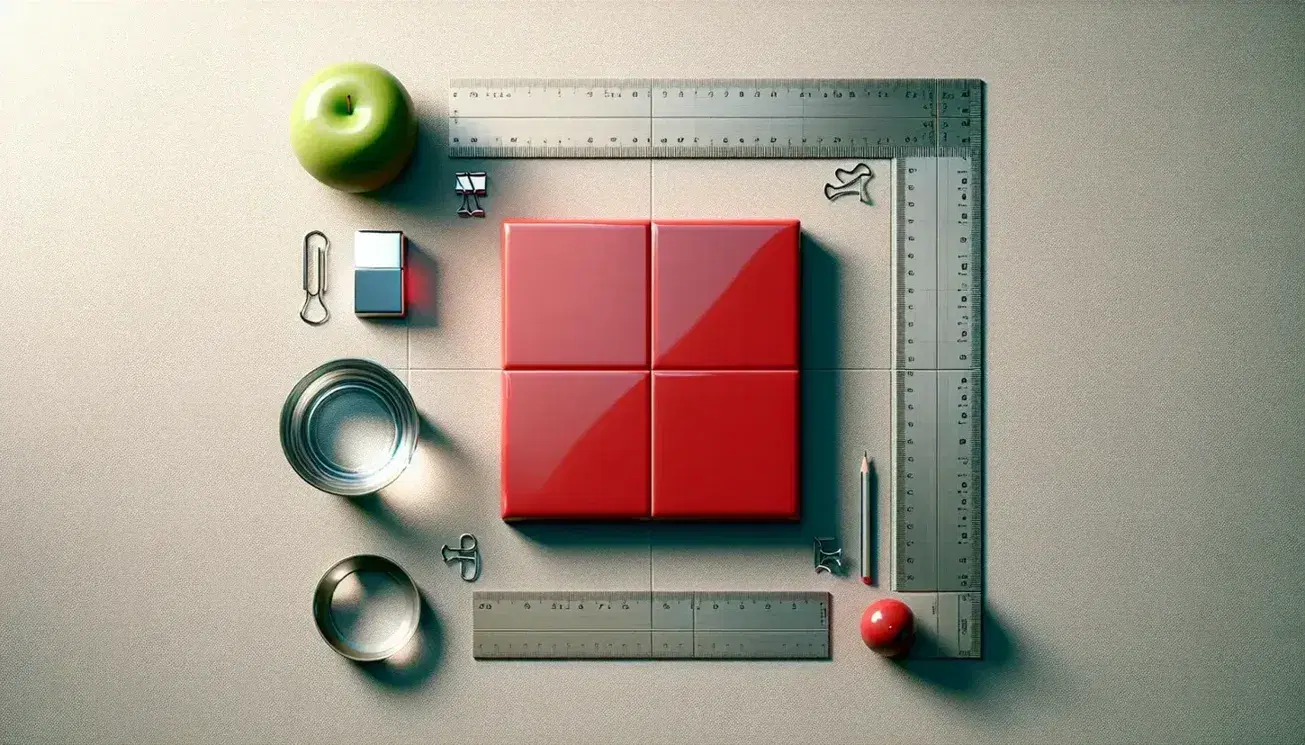 Bright red ceramic square tile centered on a light grey surface, flanked by a shiny stainless steel ruler, a green apple, a blue cushion, and a glass of water.