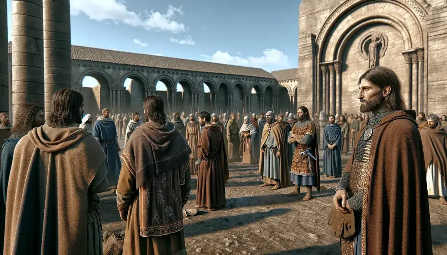 Reconstrucción artística de una escena cotidiana en el reino visigodo con figuras en túnicas, un noble, guerreros armados, una basílica de fondo y objetos de la época.