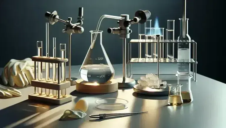 Laboratorio químico con matraz Erlenmeyer y líquido incoloro, tubo de ensayo con líquido amarillo pálido, pipeta y mechero Bunsen.