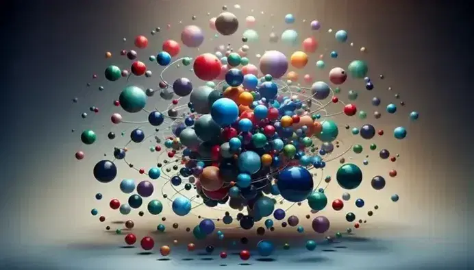 Sfere colorate sospese a varie altezze in uno spazio indefinito, alcune orbitano attorno a grandi sfere blu centrali, creando un'atmosfera di ordine e simmetria.