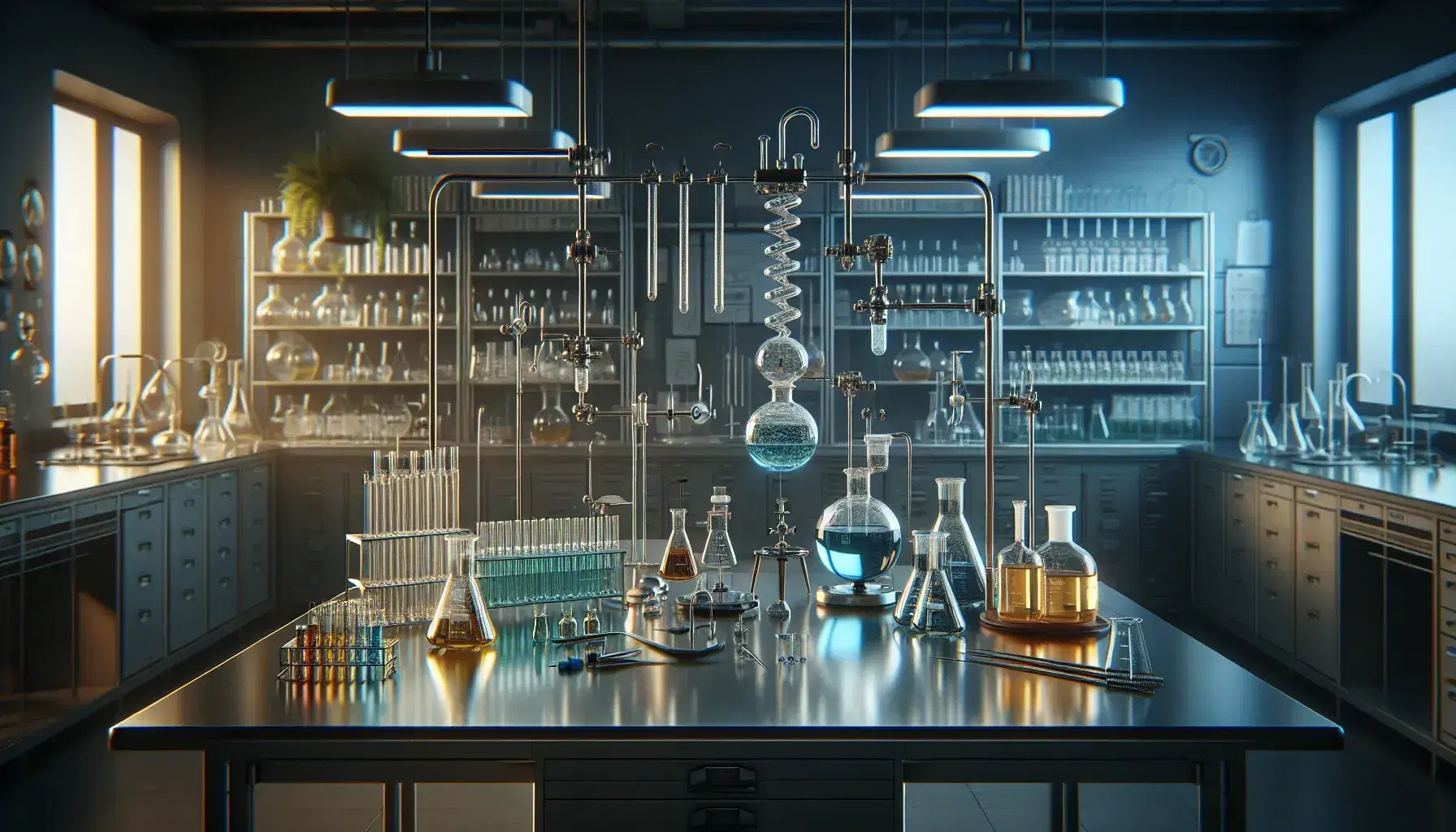 Laboratorio scientifico moderno con tavolo in acciaio, provette, becher con liquidi colorati, distillatore, bruciatore Bunsen e attrezzature varie.
