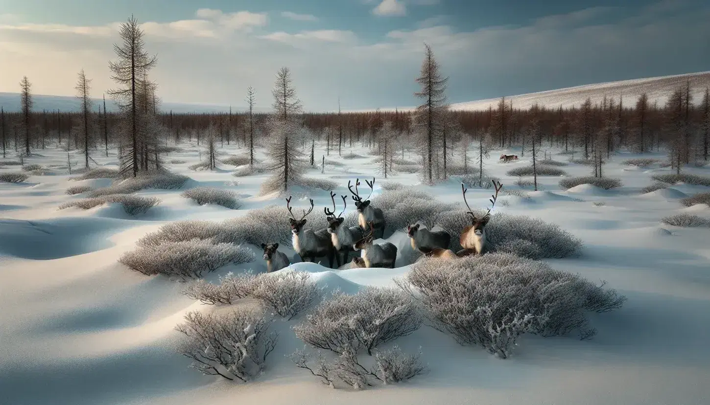 Paesaggio invernale della tundra con renne tra vegetazione bassa e alberi spogli sullo sfondo sotto un cielo pallido.