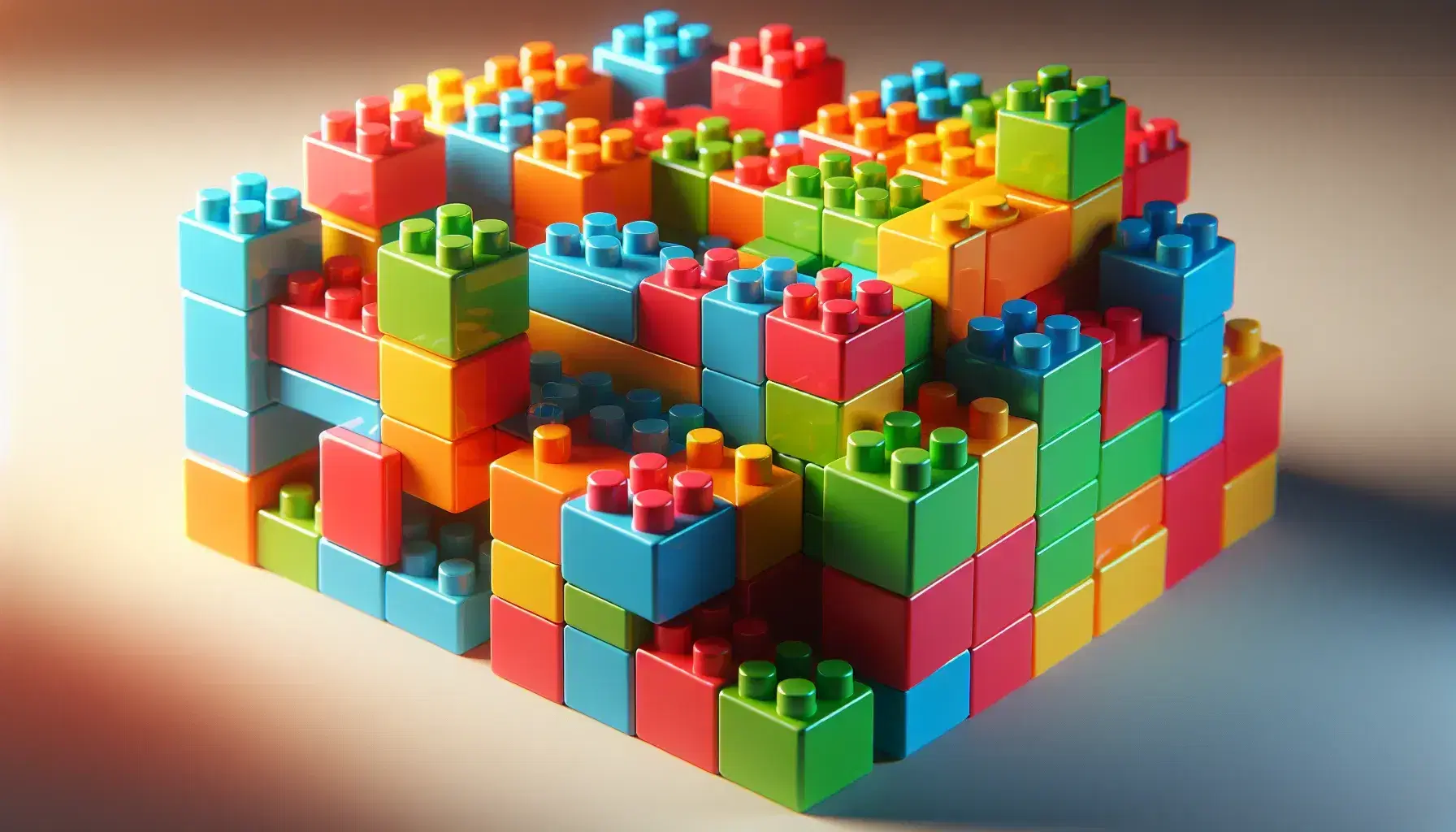 Bloques de construcción de plástico coloridos entrelazados formando una estructura tridimensional parcial, con sombras suaves y fondo desenfocado.