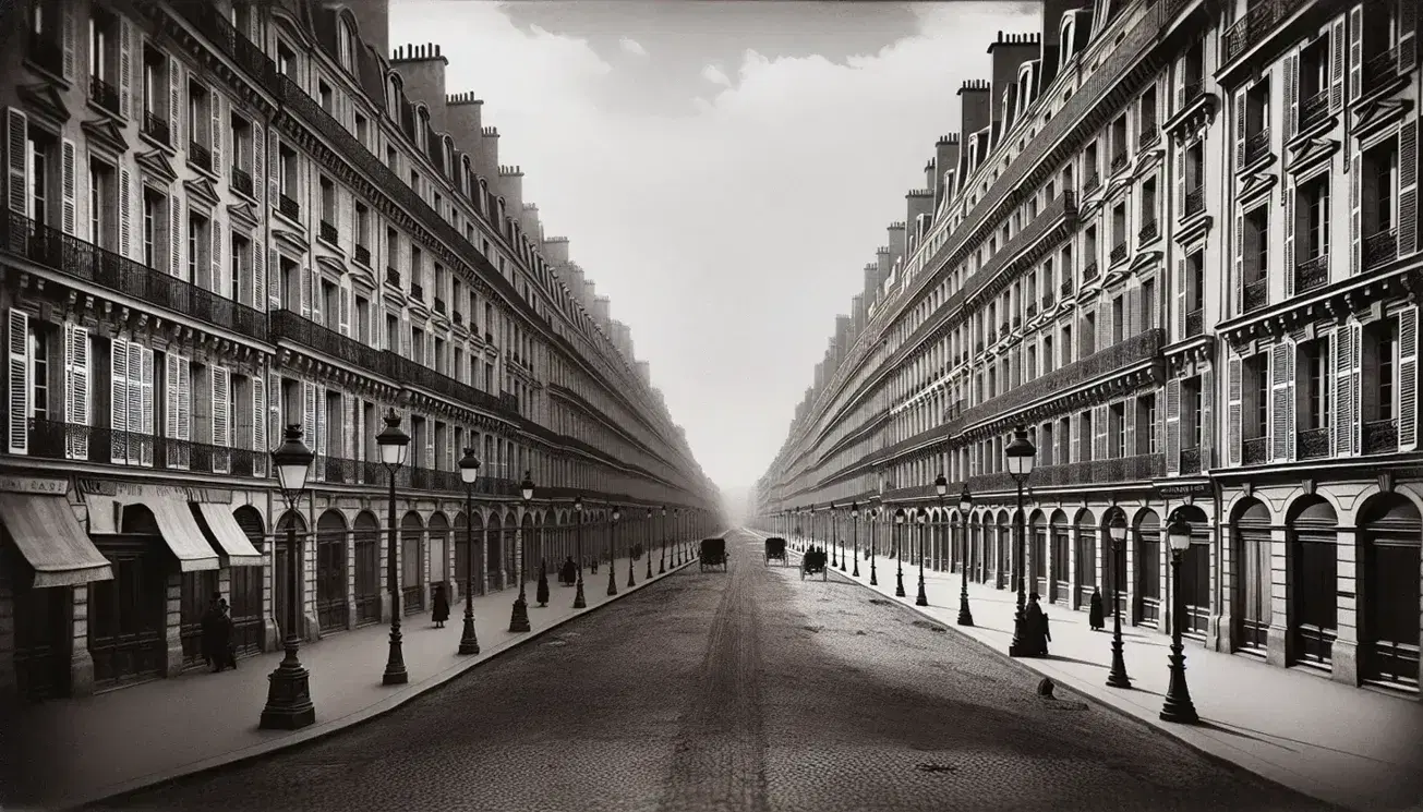 Vista di una strada parigina dell'epoca del Secondo Impero Francese con edifici Haussmanniani, carrozze a cavalli e passanti.