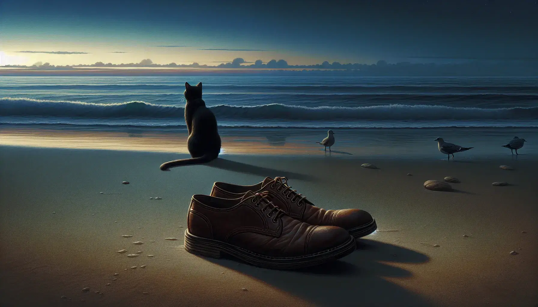Serene twilight beach scene with a pair of brown leather shoes on the sand, a black cat gazing at the sea, and a colorful sunset sky.