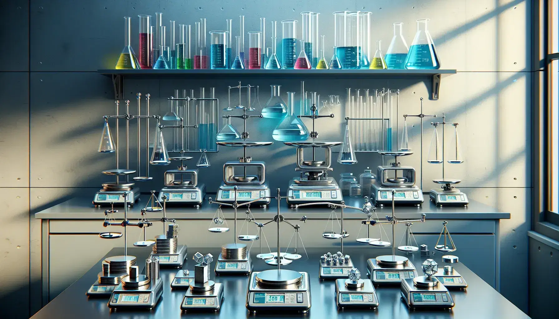 Bilance analitiche di precisione su banco laboratorio con pesi calibrati e contenitori di vetro con liquidi colorati sullo sfondo.