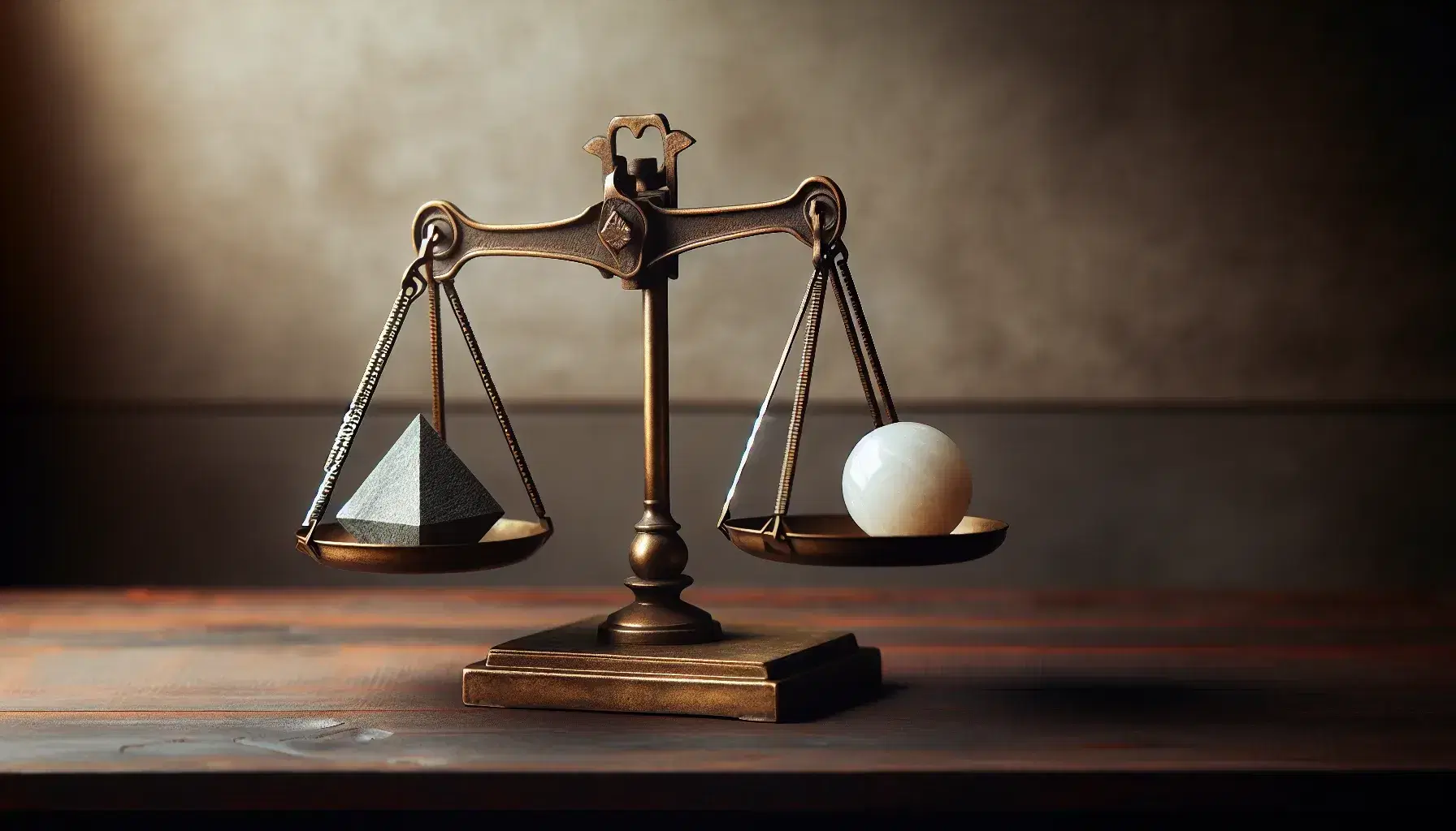 Balanza antigua de dos platos en equilibrio con una pirámide de piedra gris en un lado y una esfera de mármol blanco en el otro, sobre mesa de madera oscura.