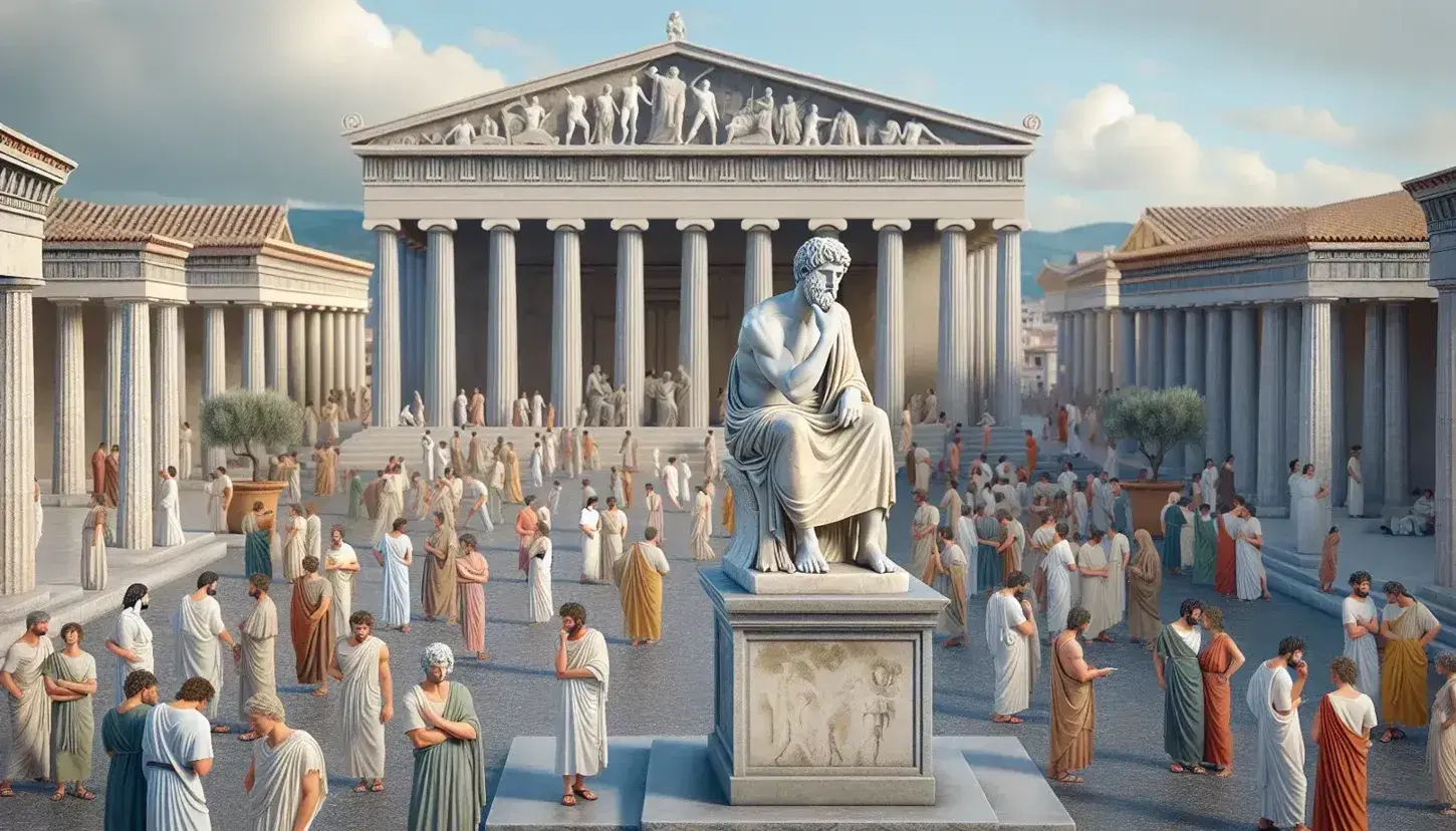 Statua marmorea di filosofo greco pensieroso in un'agorà animata, con cittadini in dialogo, templi colonnati e ulivo simbolico.
