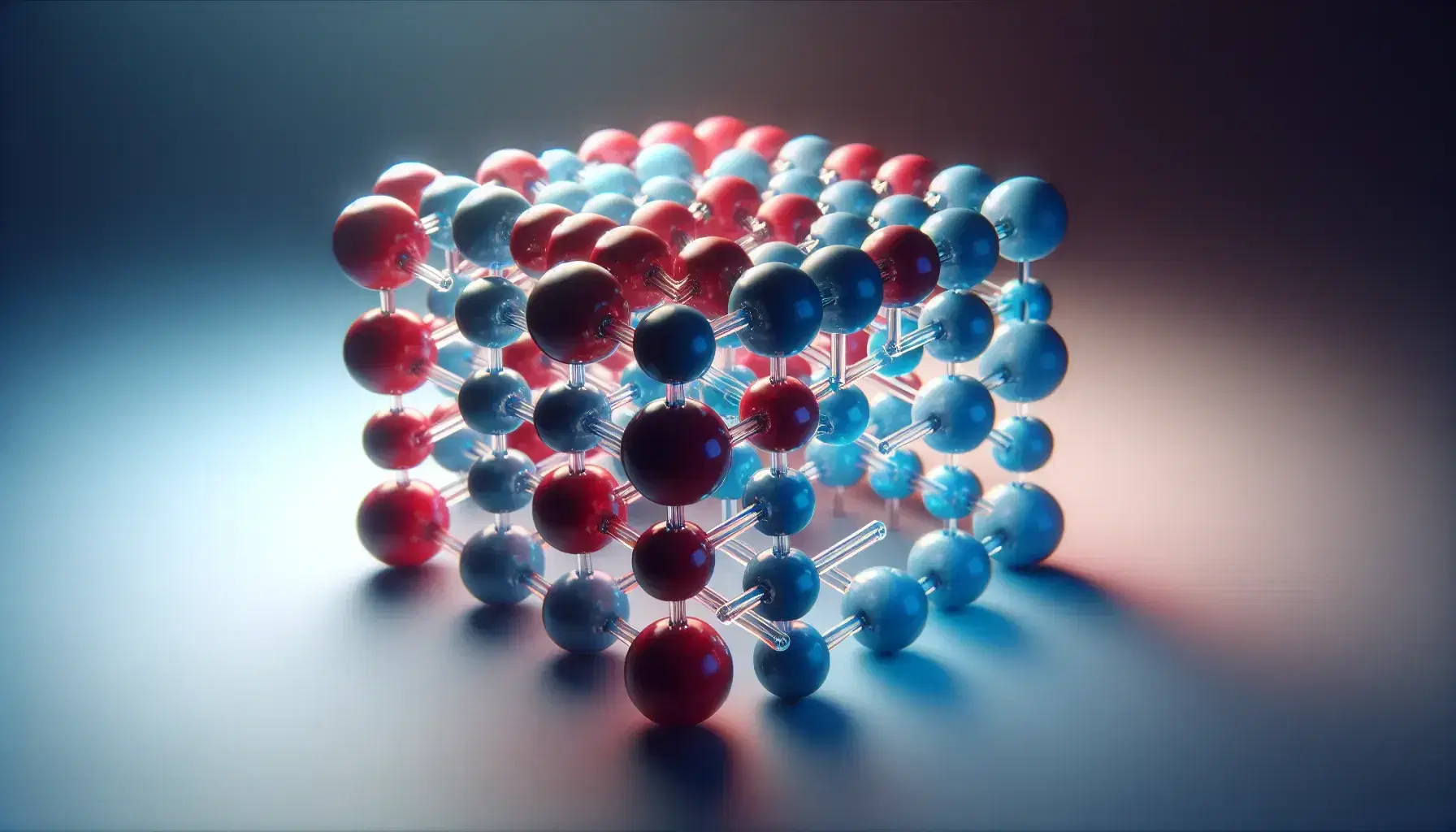 3D crystalline model with alternating red and blue spheres representing ions in a cubic lattice, linked by transparent rods on a gray-white gradient background.