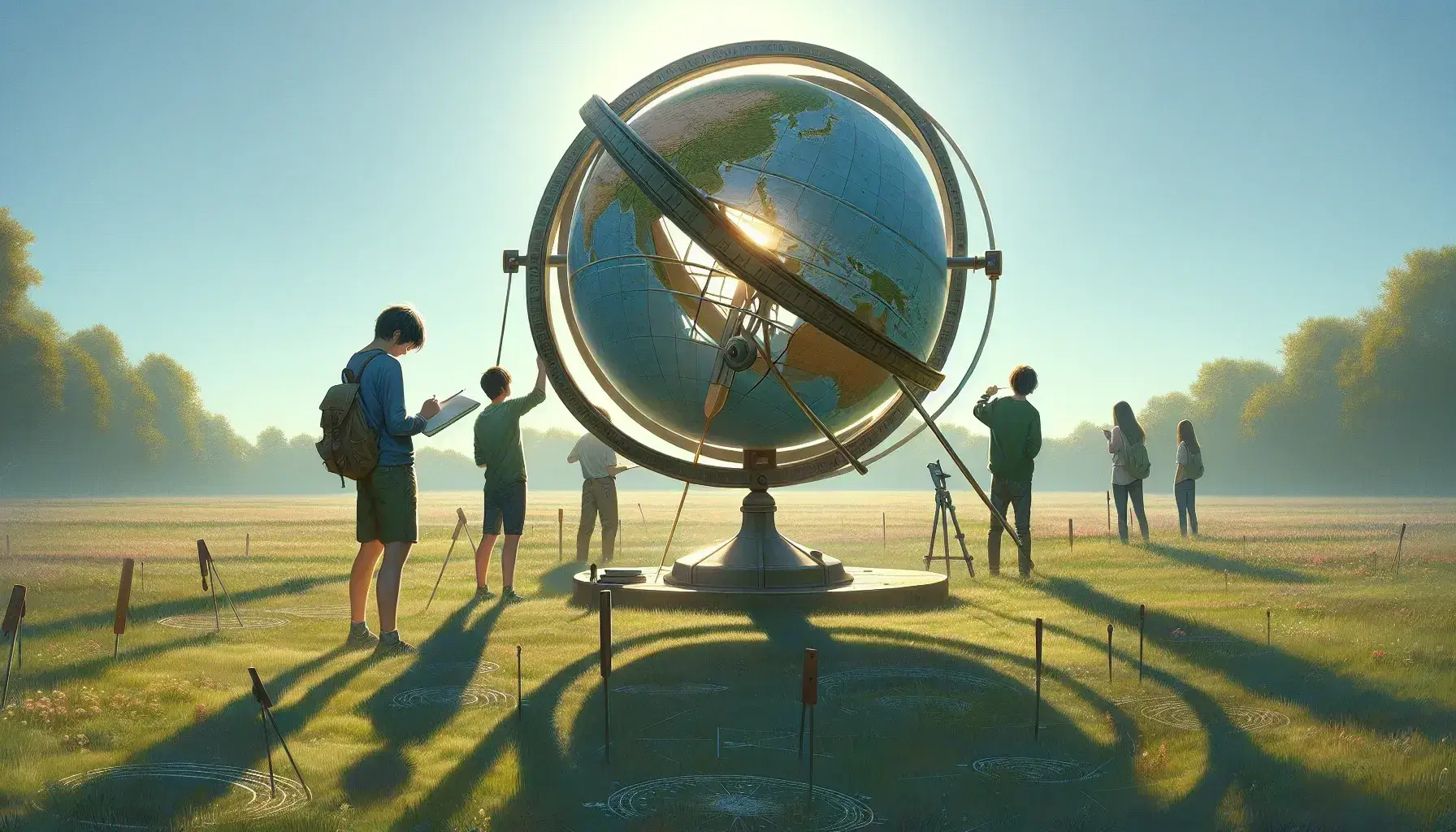 Estudiantes en campo abierto realizando prácticas de geografía con globo terráqueo, brújula y medición de sombras en día soleado.