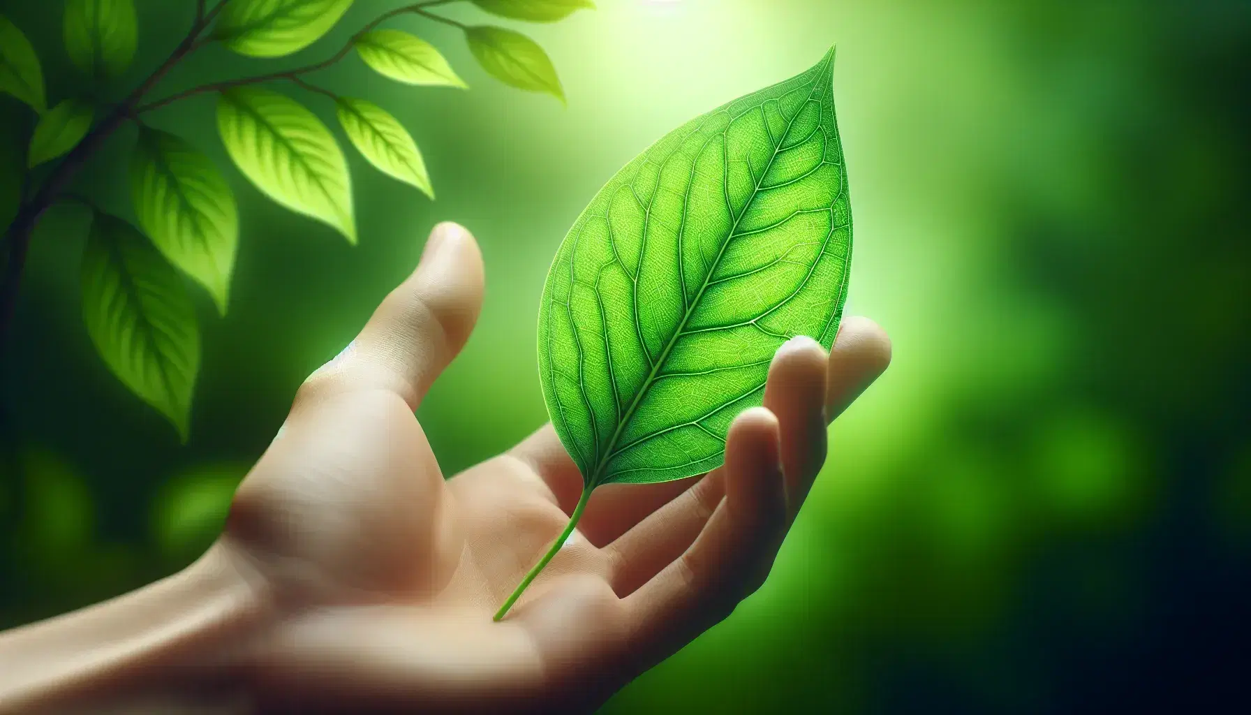 Human hand gently touching a vibrant green leaf with a blurred background of lush foliage, conveying a sense of connection with nature.