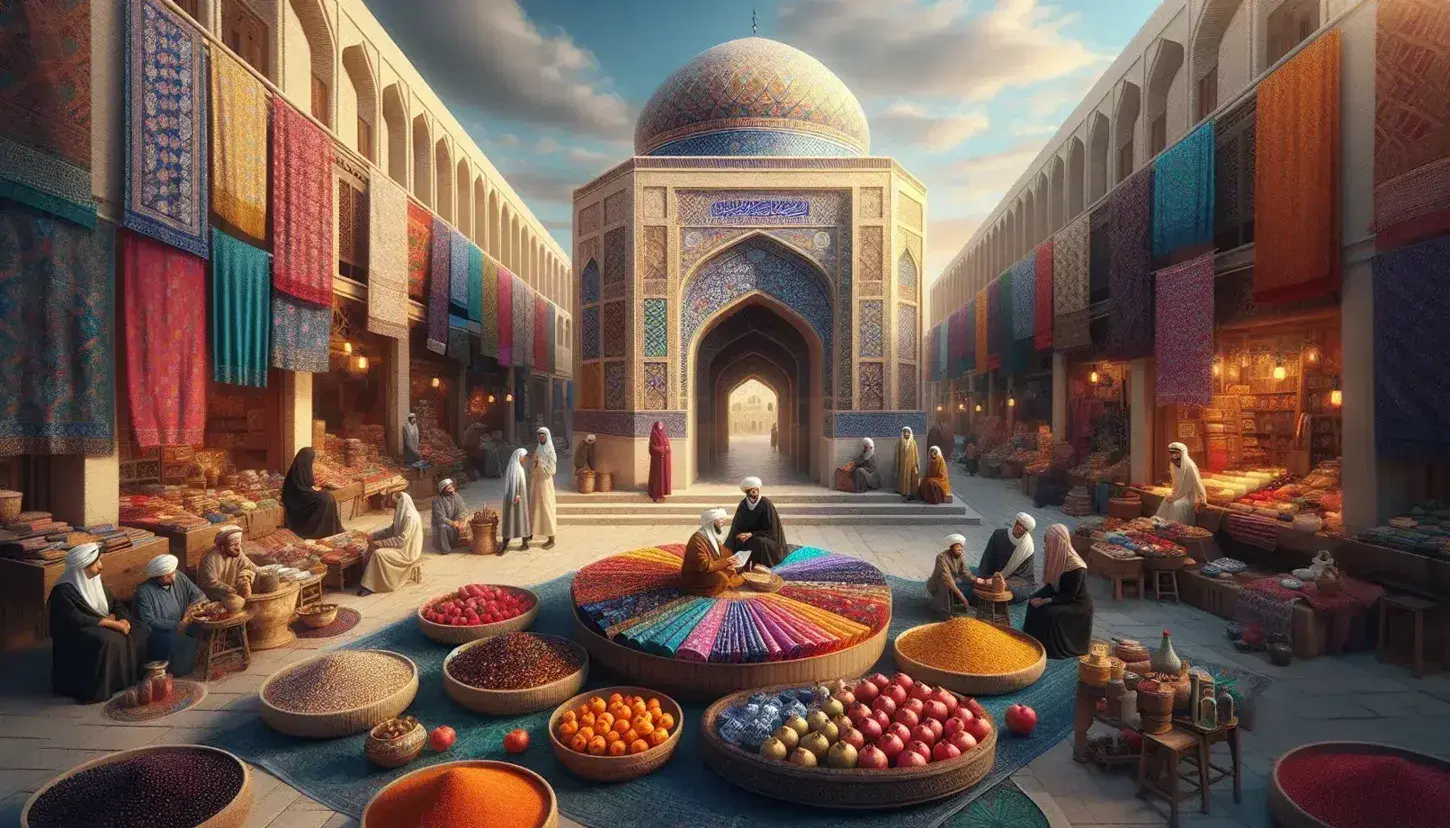 Mercato all'aperto in città mediorientale con struttura architettonica islamica, bancarelle di tessuti colorati, ceramiche e spezie, e persone in abiti tradizionali.