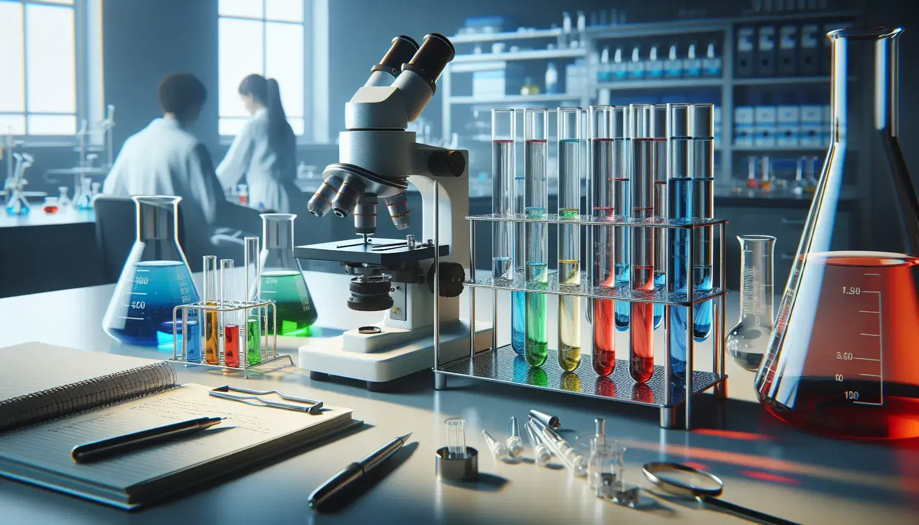 Laboratorio científico con tubos de ensayo de colores en soporte metálico, microscopio plateado y científico anotando resultados en un cuaderno.
