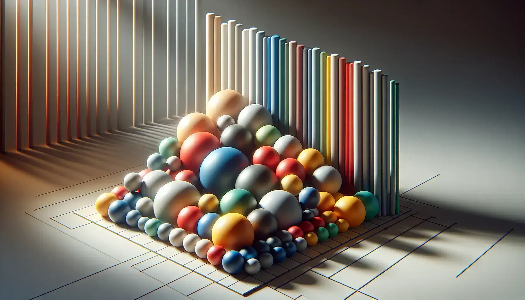 Esferas de colores variados en filas y columnas sobre superficie lisa con barras grises en 3D al fondo, reflejando luz y sombras suaves.