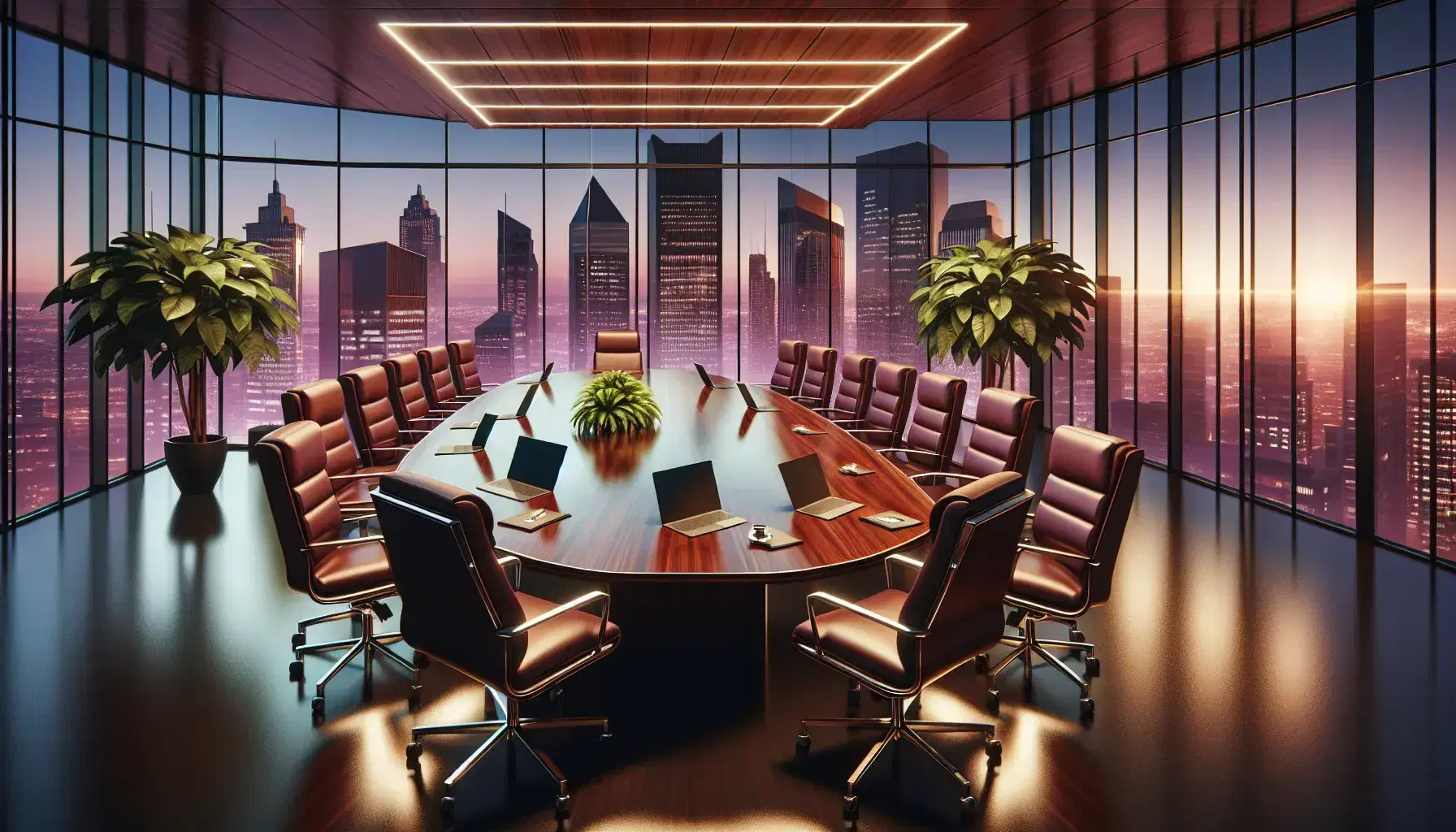 Elegant boardroom with a large oval wooden table, burgundy leather chairs, laptops, and a cityscape view through a panoramic window at twilight.