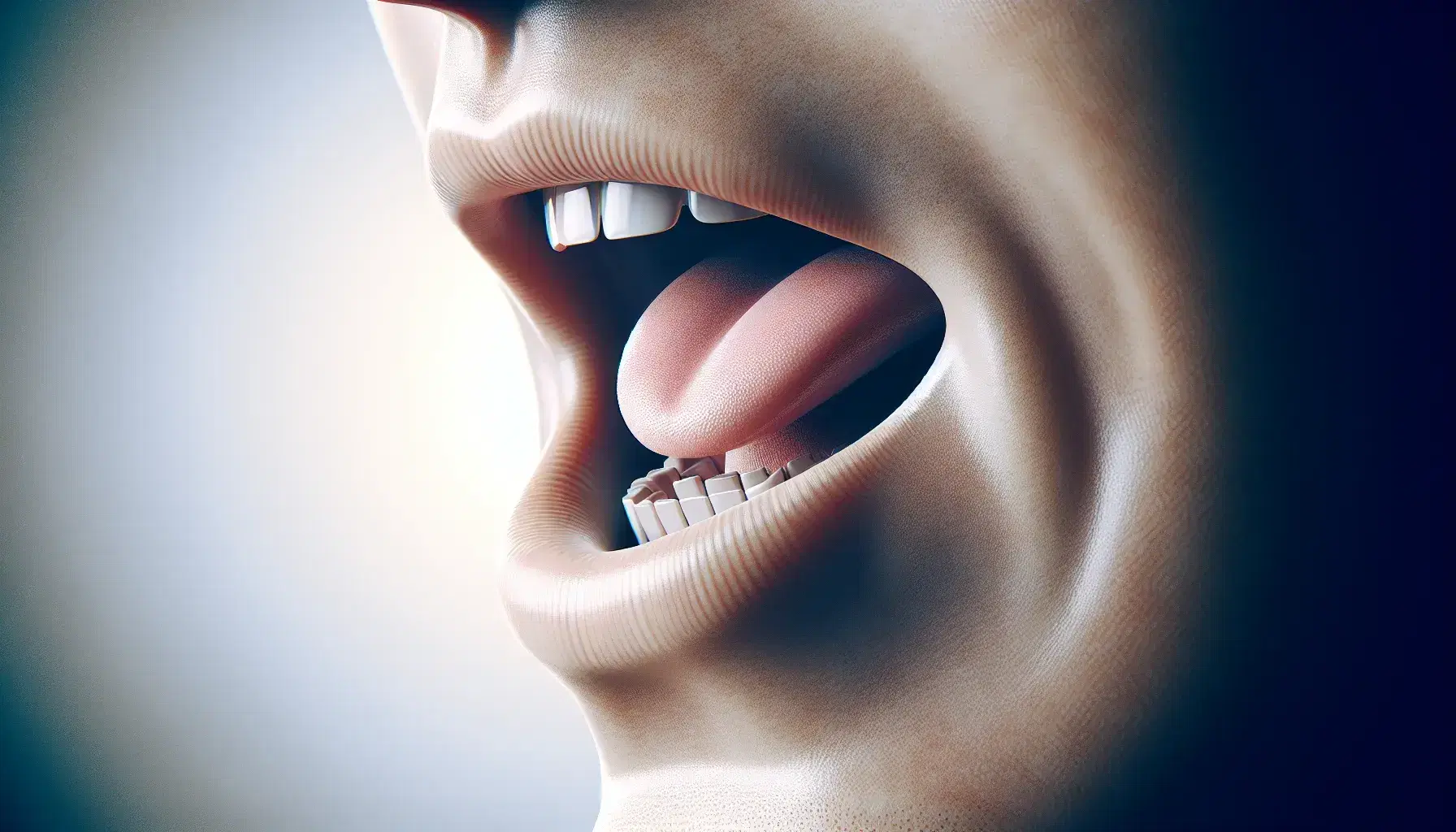 Close-up view of a human mouth with parted lips and tongue positioned to articulate a click consonant against a gradient background.