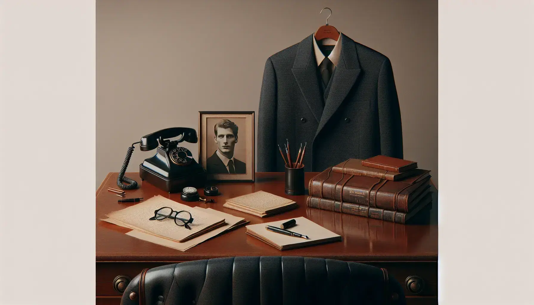 Vintage wooden desk setup with rotary phone, bound papers, open notebook with fountain pen, round glasses, and a framed monochrome portrait, evoking a 1960s office ambiance.