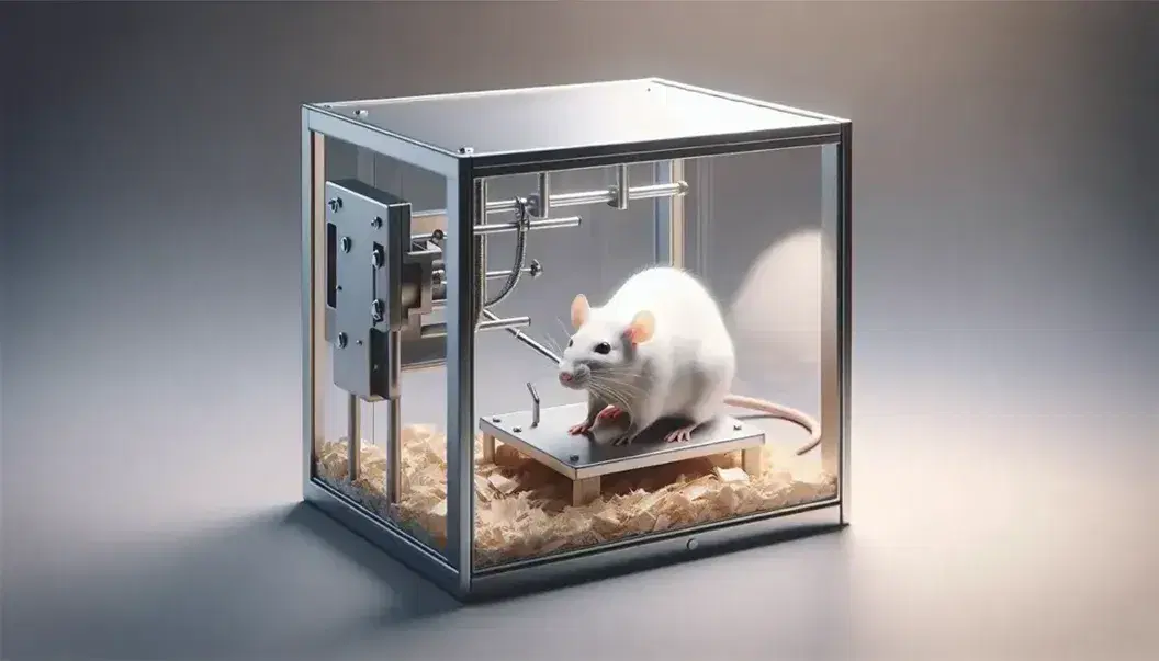 Rata de laboratorio blanca de pie en una caja de Skinner con palanca metálica y dispensador de comida, sobre virutas de madera y fondo neutro.