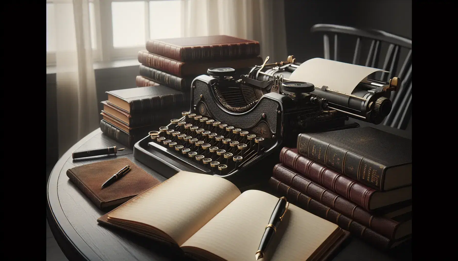 Macchina da scrivere vintage nera con tasti avorio su scrivania in legno scuro, accanto a libri in pelle e penna stilografica.
