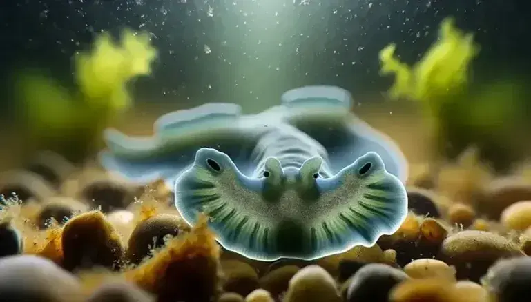 Planaria blu-grigia su fondo acquatico con ciottoli e alghe verdi, riflessi di luce evidenziano la forma piatta e gli occhi simmetrici.