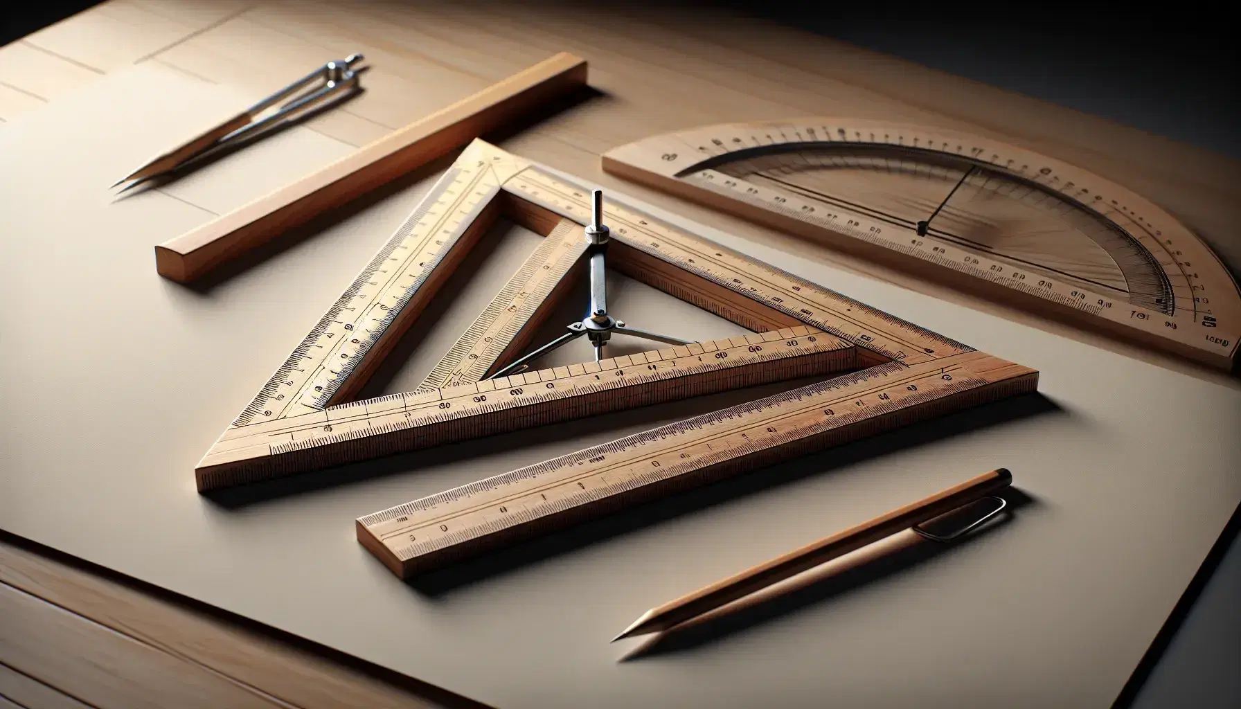 Right-angled triangle formed by three wooden rulers on a desk, with a clear protractor and a compass set for drawing, casting soft shadows.