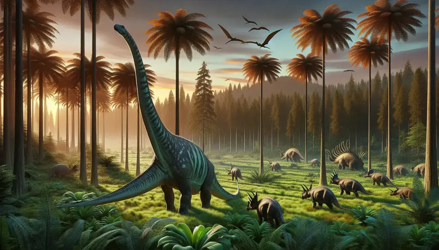 Scena preistorica con Diplodocus, Triceratops al pascolo, foresta lussureggiante, Pterosauri in volo e fossile parzialmente scavato.