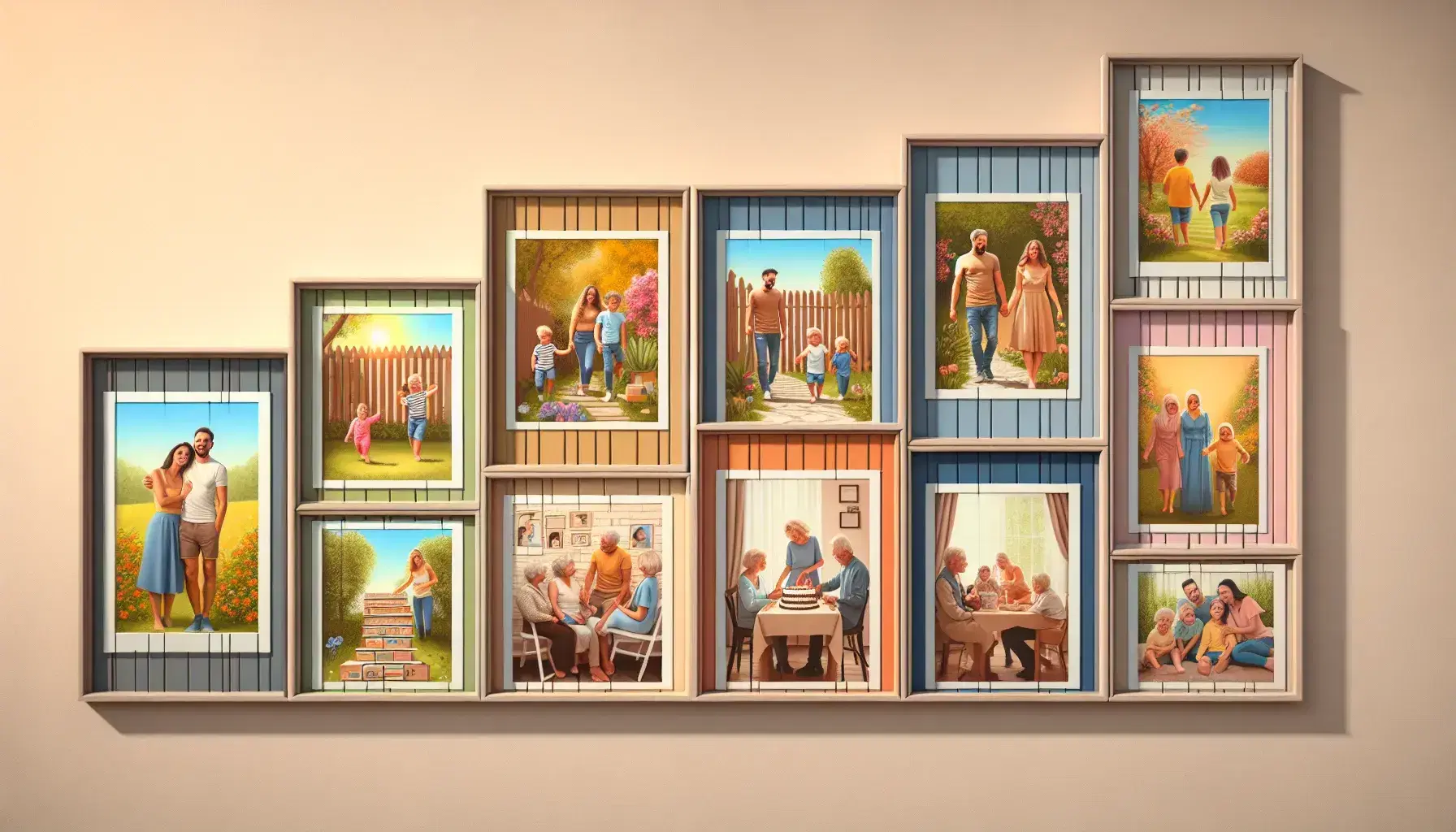 Six photographic frames show the evolution of a family: young lovers, playing with the child, family portrait, party, elderly couple, family reunion.