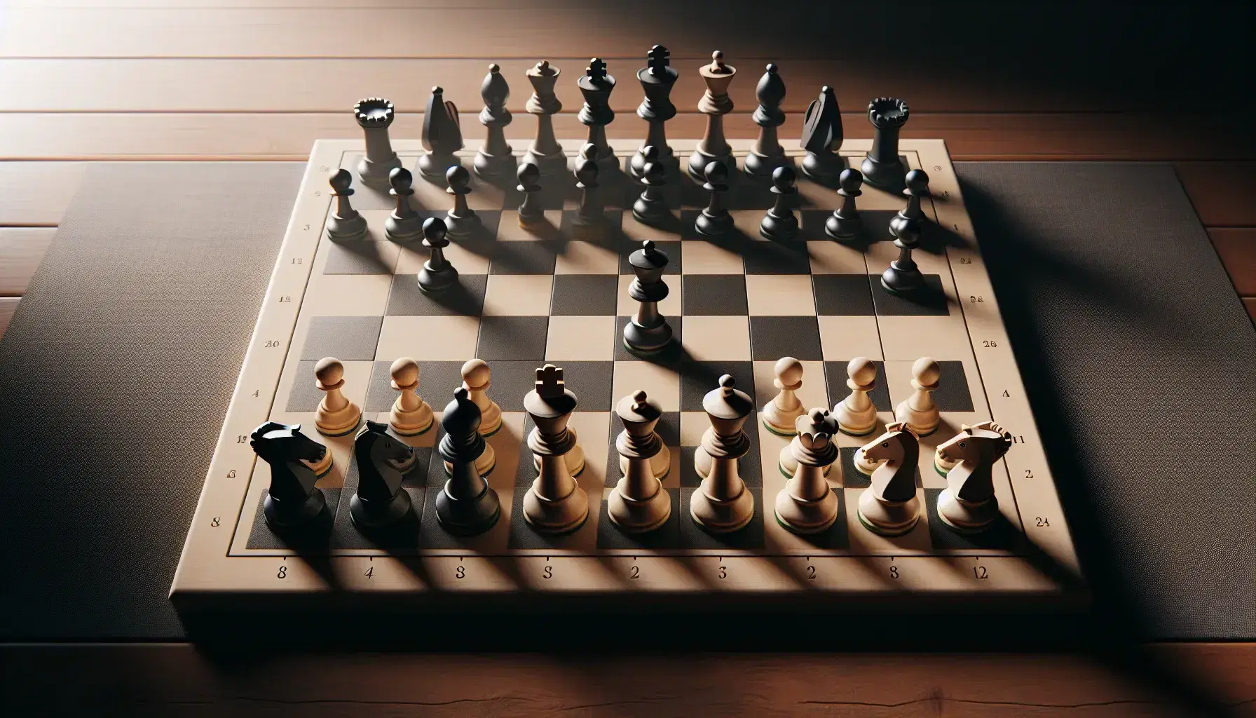 Tablero de ajedrez con piezas en medio juego, destacando una estrategia con peones, torres, caballos, alfiles, reina y rey en tonos blanco y negro.