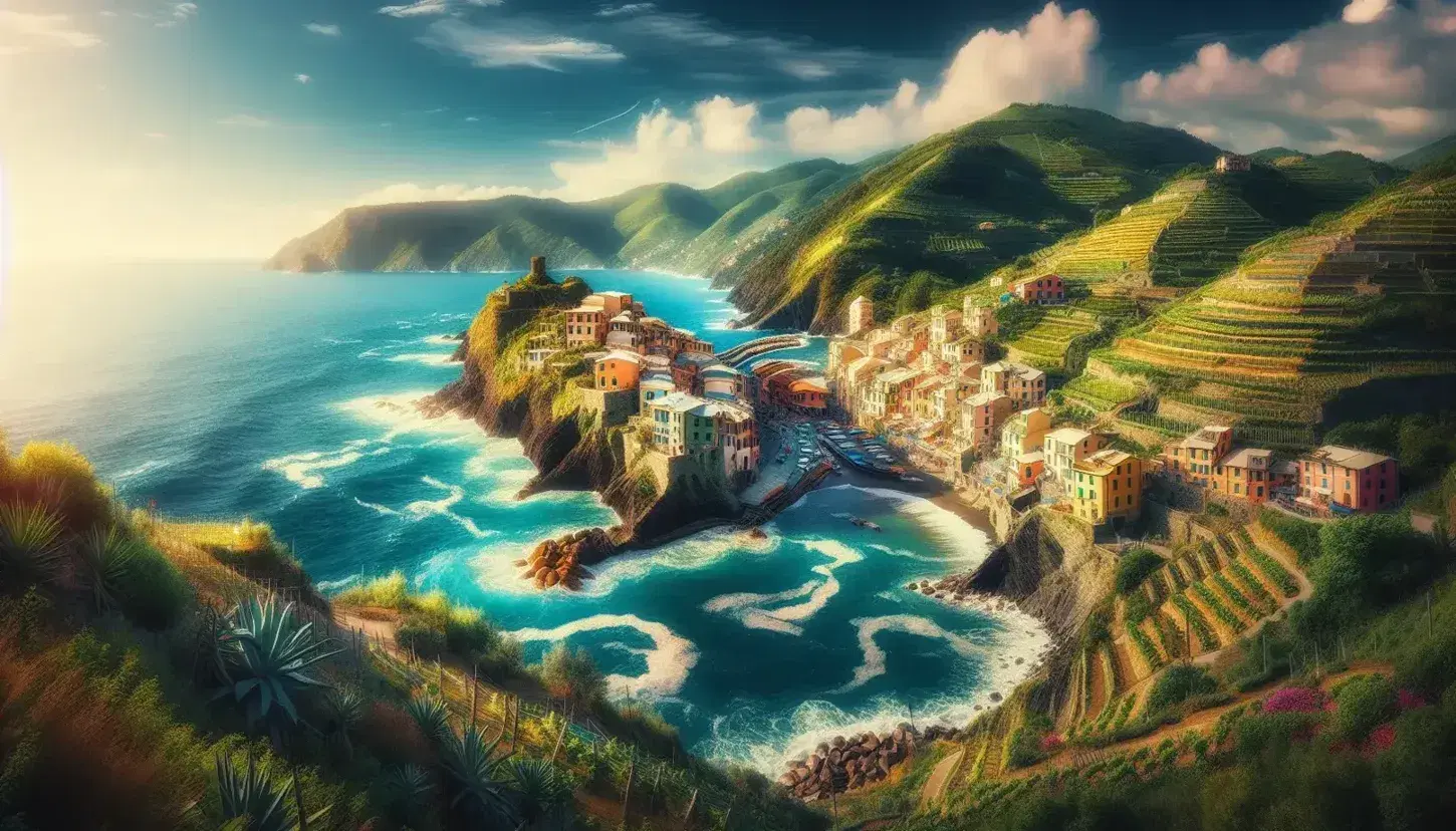 Vista panoramica delle Cinque Terre in Liguria con mare blu, cielo sereno, colline verdi, vigneti e case color pastello.