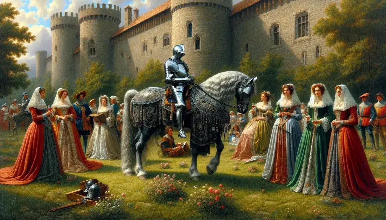 Cavaliere in armatura su cavallo grigio, dame medievali con strumenti musicali e borghesi in conversazione, castello sullo sfondo.
