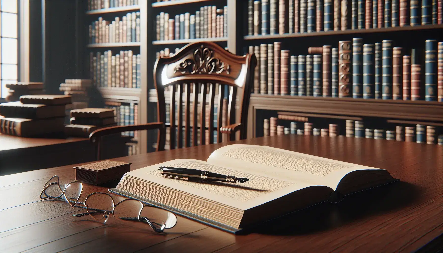 Mesa de madera con libros abiertos, gafas y pluma en biblioteca acogedora con estantes llenos de libros de colores variados.