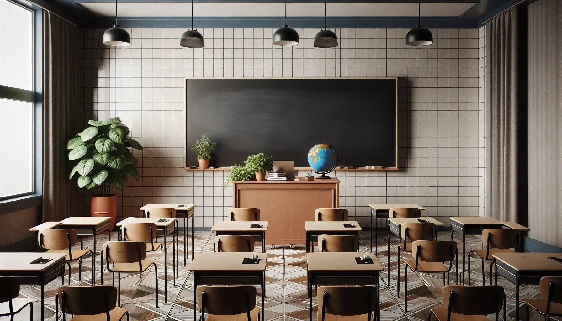 Classroom with a central chalkboard, polished teacher's desk, potted plant, globe, checkered floor, and rows of wooden student desks.