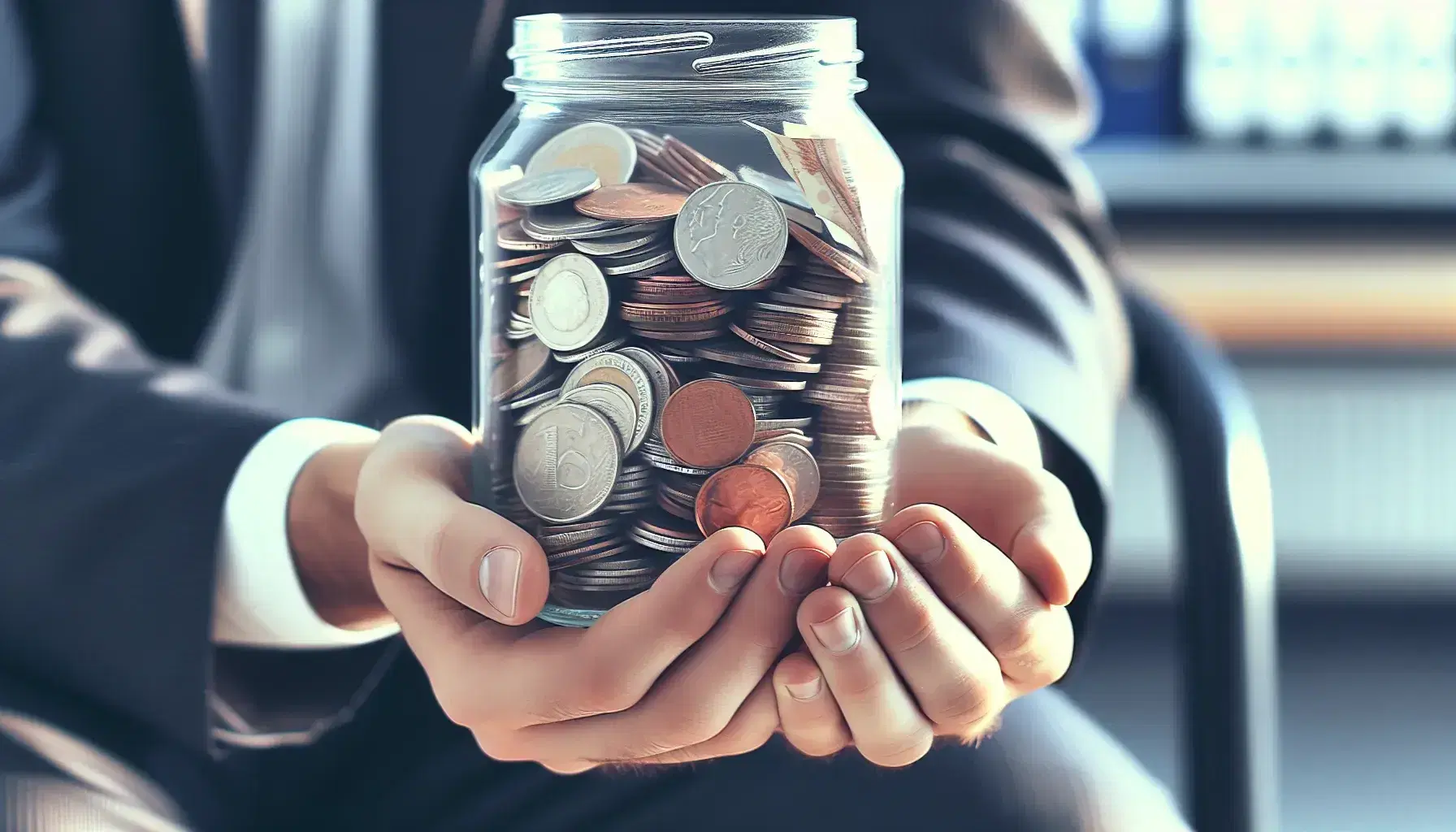Hands cradle a glass savings jar filled with a variety of coins and folded bills against a blurred office backdrop, symbolizing money accumulation.