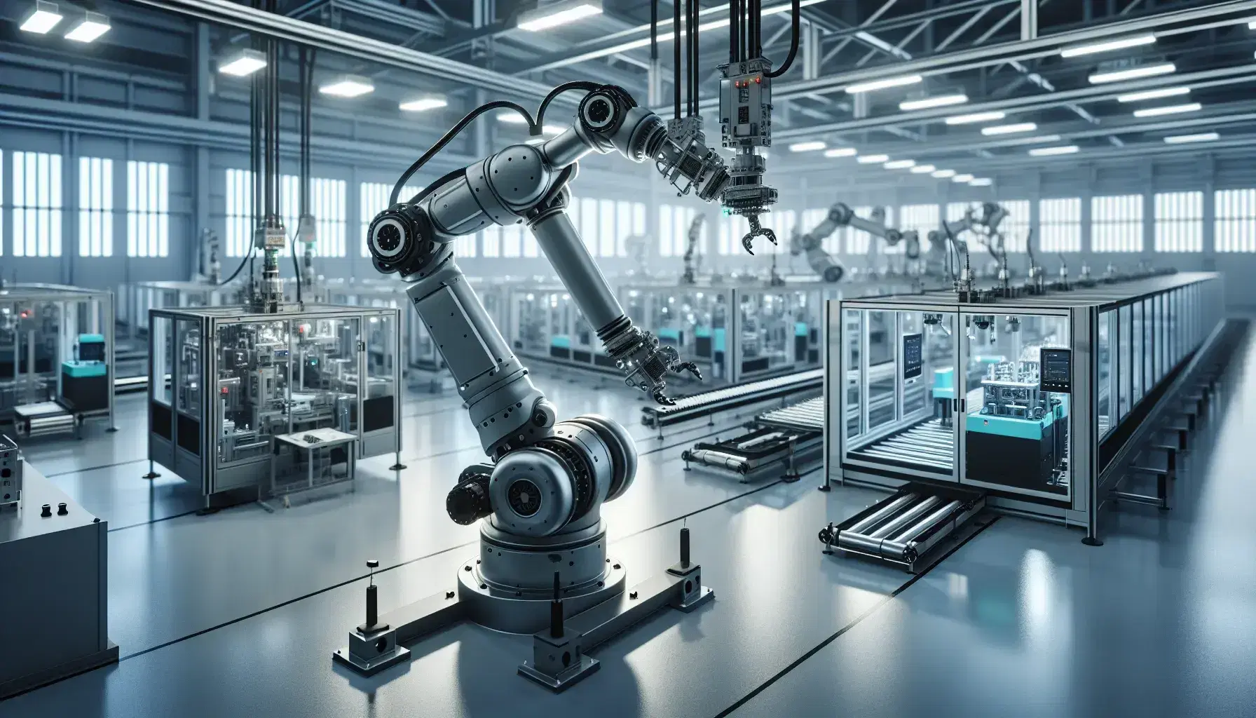 Brazo robótico industrial manipulando pieza de maquinaria en fábrica automatizada con cintas transportadoras y luces fluorescentes.