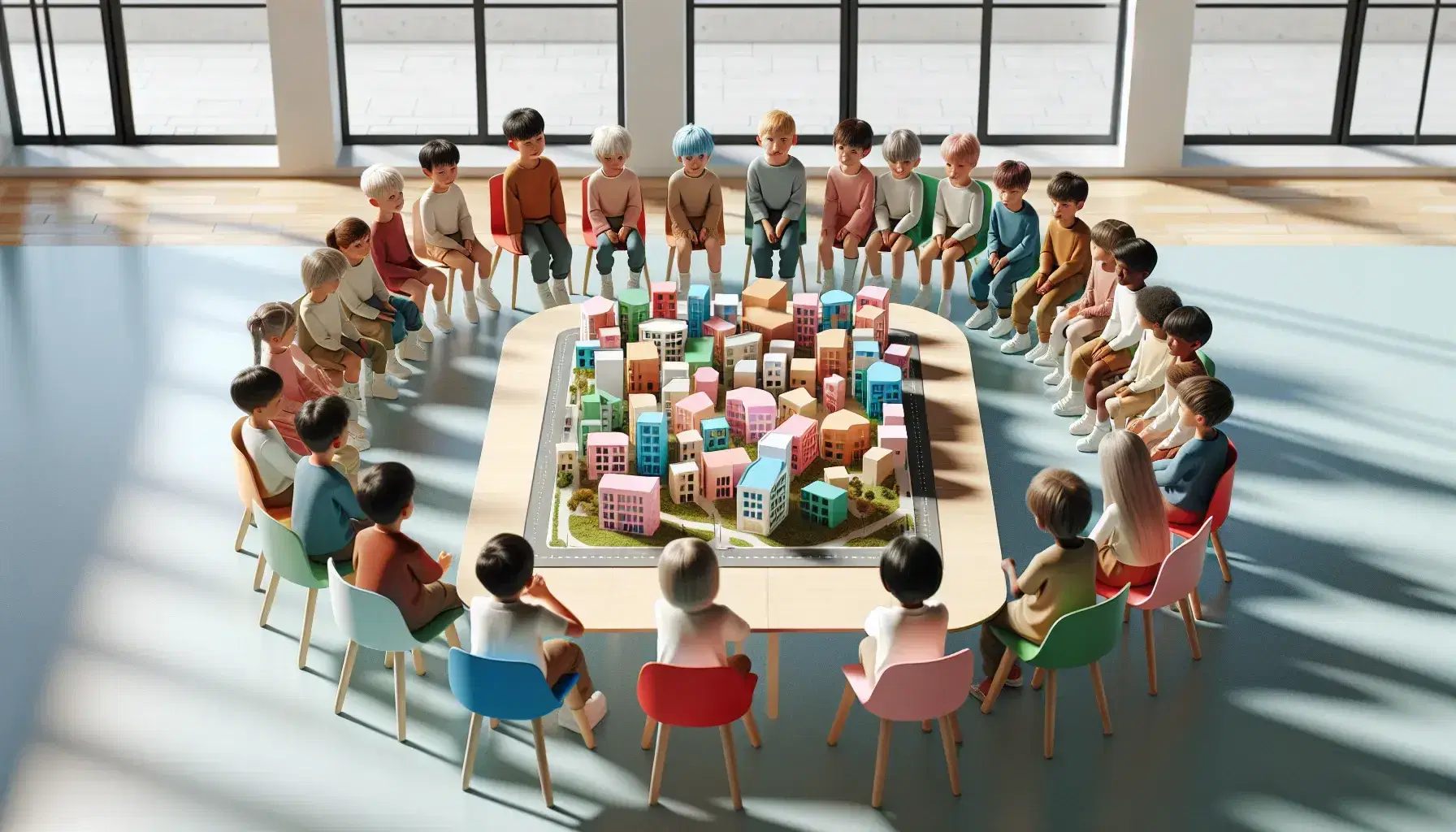 Niños de diversas etnias sentados alrededor de una mesa con un modelo de ciudad en colores pastel, participando activamente en una actividad educativa.