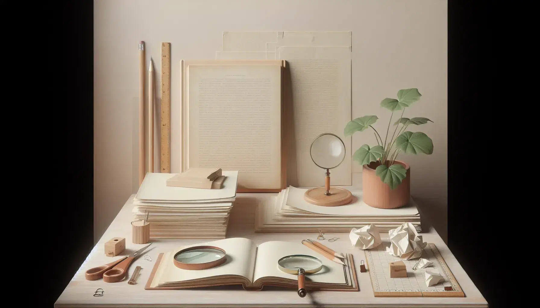 Mesa de madera clara con libro abierto, lápiz, regla transparente, papeles arrugados, lupa y planta en maceta, ambiente de estudio.