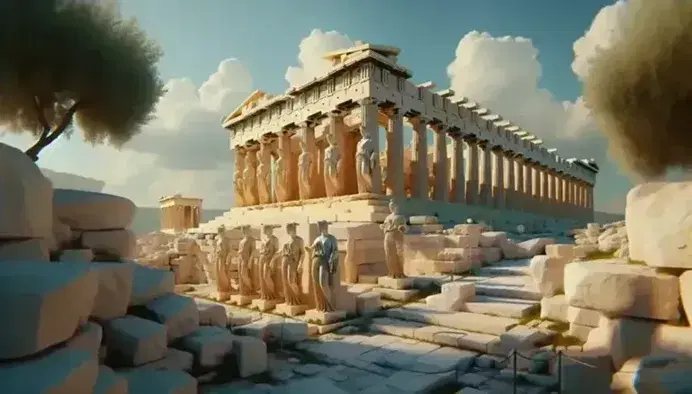 Reconstrucción tridimensional de la Acrópolis de Atenas con el Partenón y el Erecteión con caryatides bajo un cielo azul, rodeados de vegetación y escalinatas de piedra.