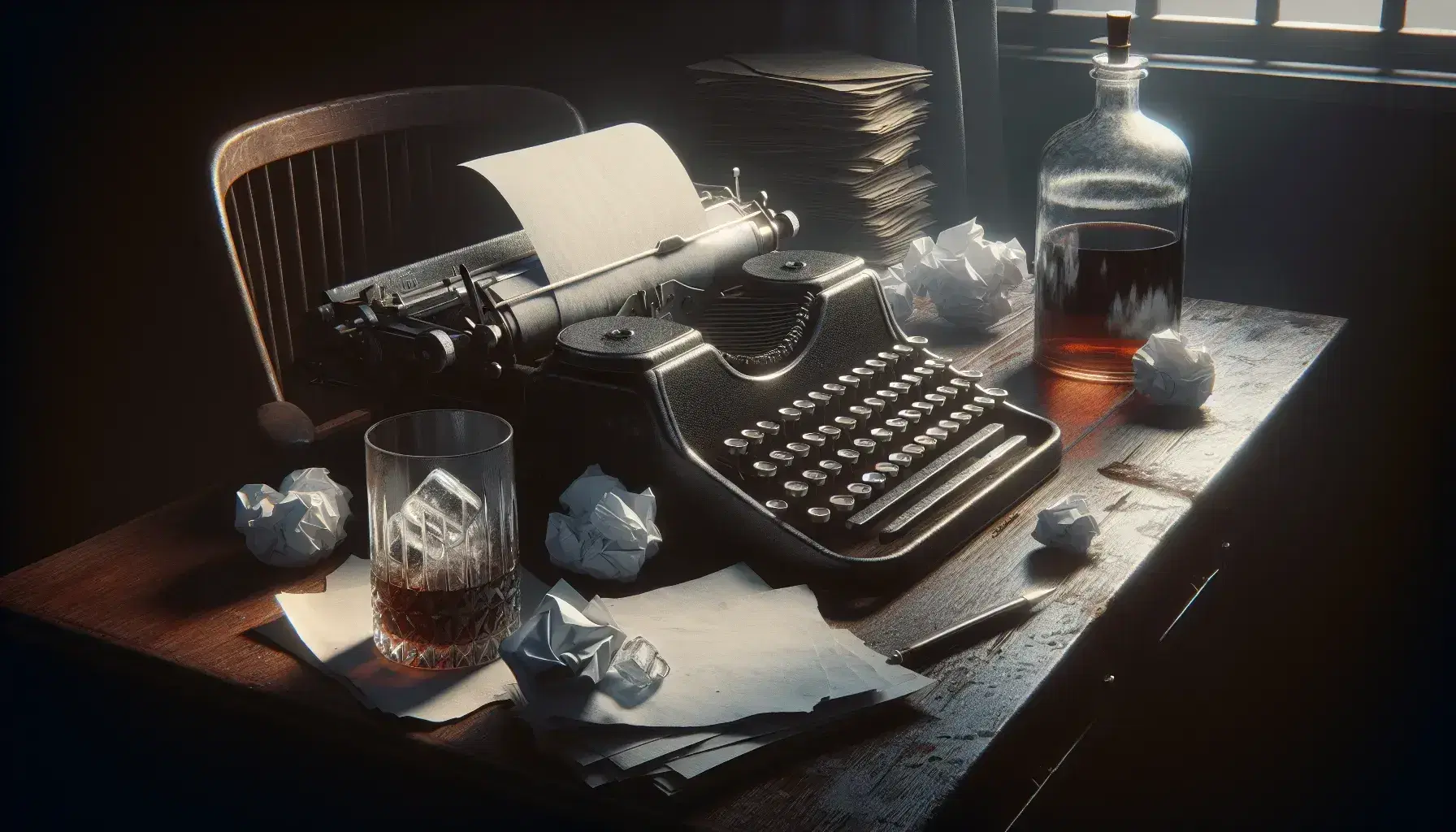 Dimly lit writer's desk with a vintage typewriter, half-filled glass with ice, unlabeled bottle of amber liquid, and crumpled paper balls.