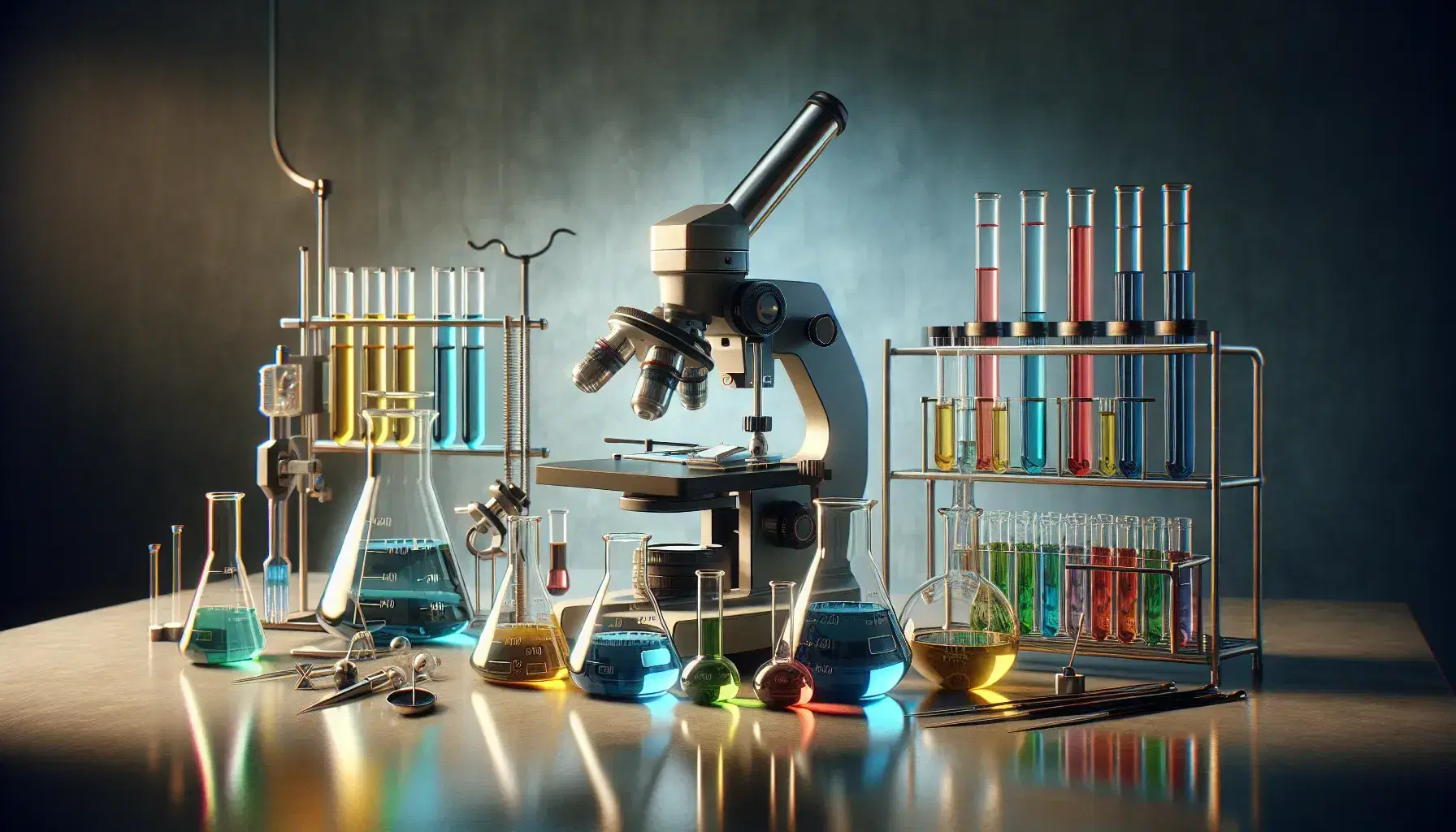 Laboratorio de ciencias con tubos de ensayo de colores, microscopio, pipetas y mechero Bunsen, reflejando un espacio de investigación y estudio.