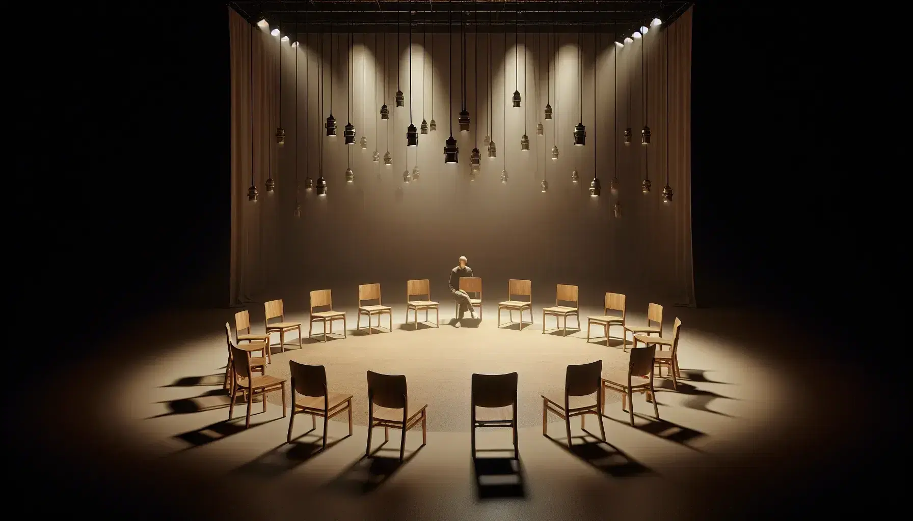 Dimly lit stage with a circle of unoccupied wooden chairs, warm stage lights above, and a solitary figure standing to the side, in a neutral setting.