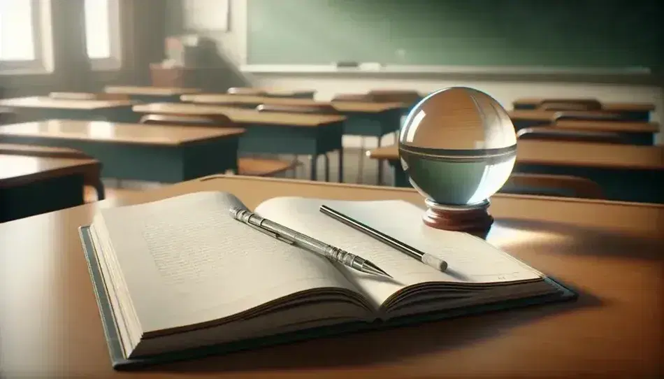 Close-up view of an organized classroom desk with an open blank textbook, a silver mechanical pencil, and a glass paperweight on a white sheet.