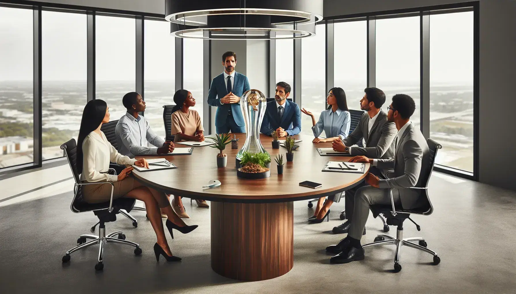 Diverse team in business casual engaged in discussion around oval table with glass trophy and plants, in a well-lit office with clear sky visible outside.