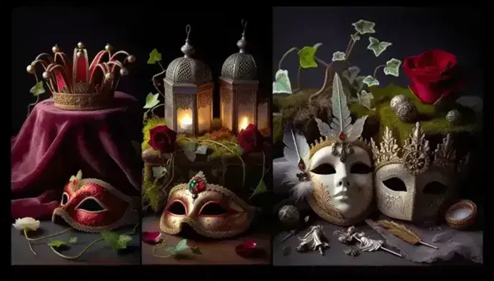 Still life of four Shakespearean works: Venetian masks for "Romeo and Juliet", lantern and fairies for "A Midsummer Night's Dream", crown on pillow for "King John", scales and treasures for "The Merchant of Venice".