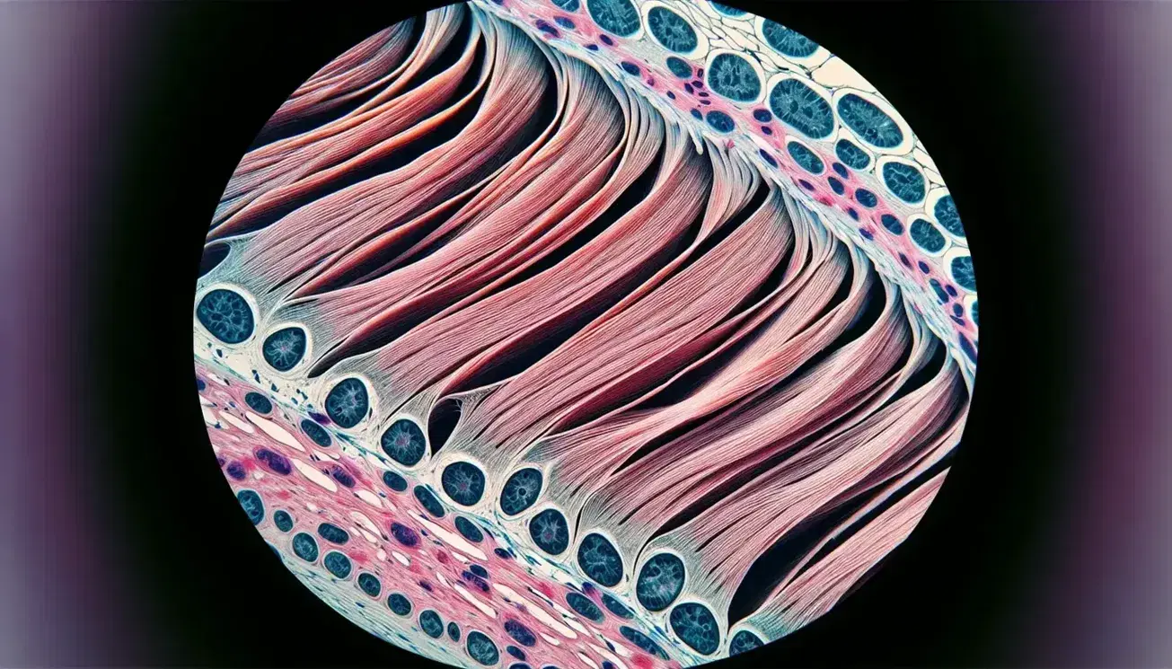 Close-up view of human skeletal muscle tissue under a microscope, showing parallel striated fibers with interspersed nuclei in pink and purple hues.