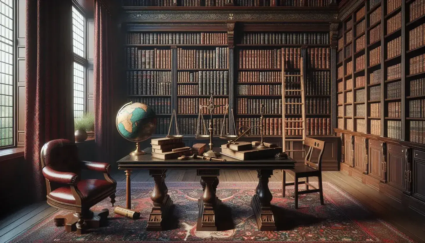 Biblioteca clásica con estanterías de madera oscura llenas de libros encuadernados en cuero, mesa con balanza de bronce y globo terráqueo antiguo, silla con cojín rojo y alfombra persa.
