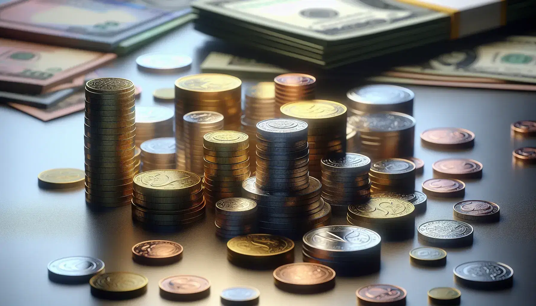 Monedas de diferentes tamaños y colores apiladas y dispersas sobre superficie lisa con billetes desordenados al fondo, reflejando suave iluminación.