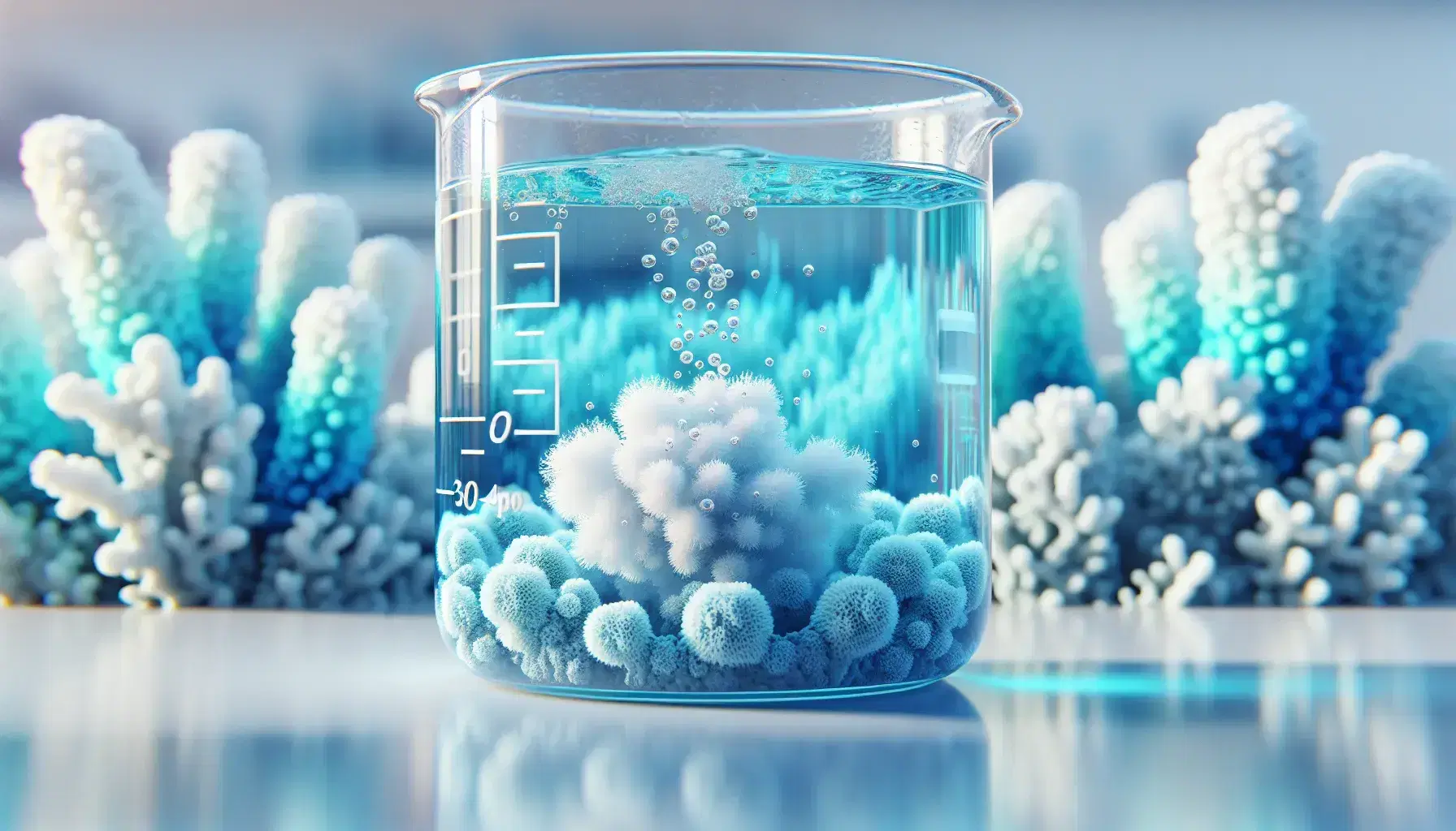 Glass beaker with blue seawater-like liquid and partially submerged chalk producing bubbles, on blurred coral reef background.