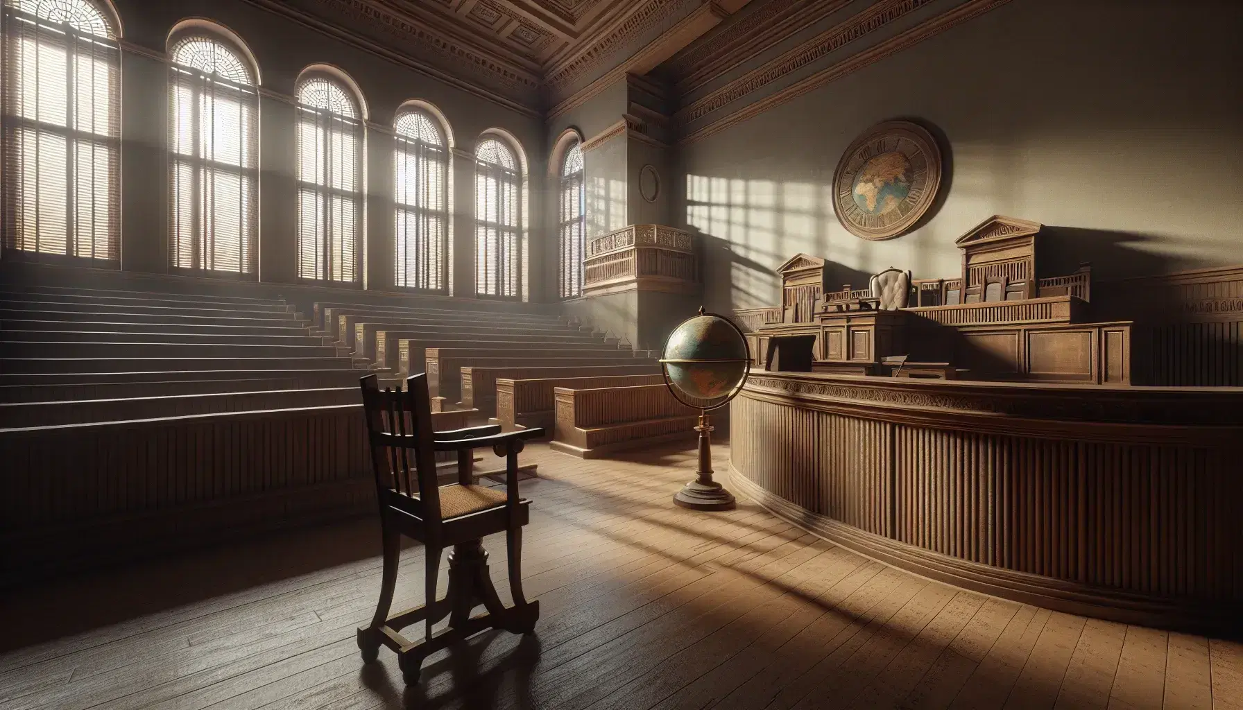 1920s courtroom interior with empty witness stand, elevated judge's bench, wooden spectator benches, and a vintage globe on a stand.