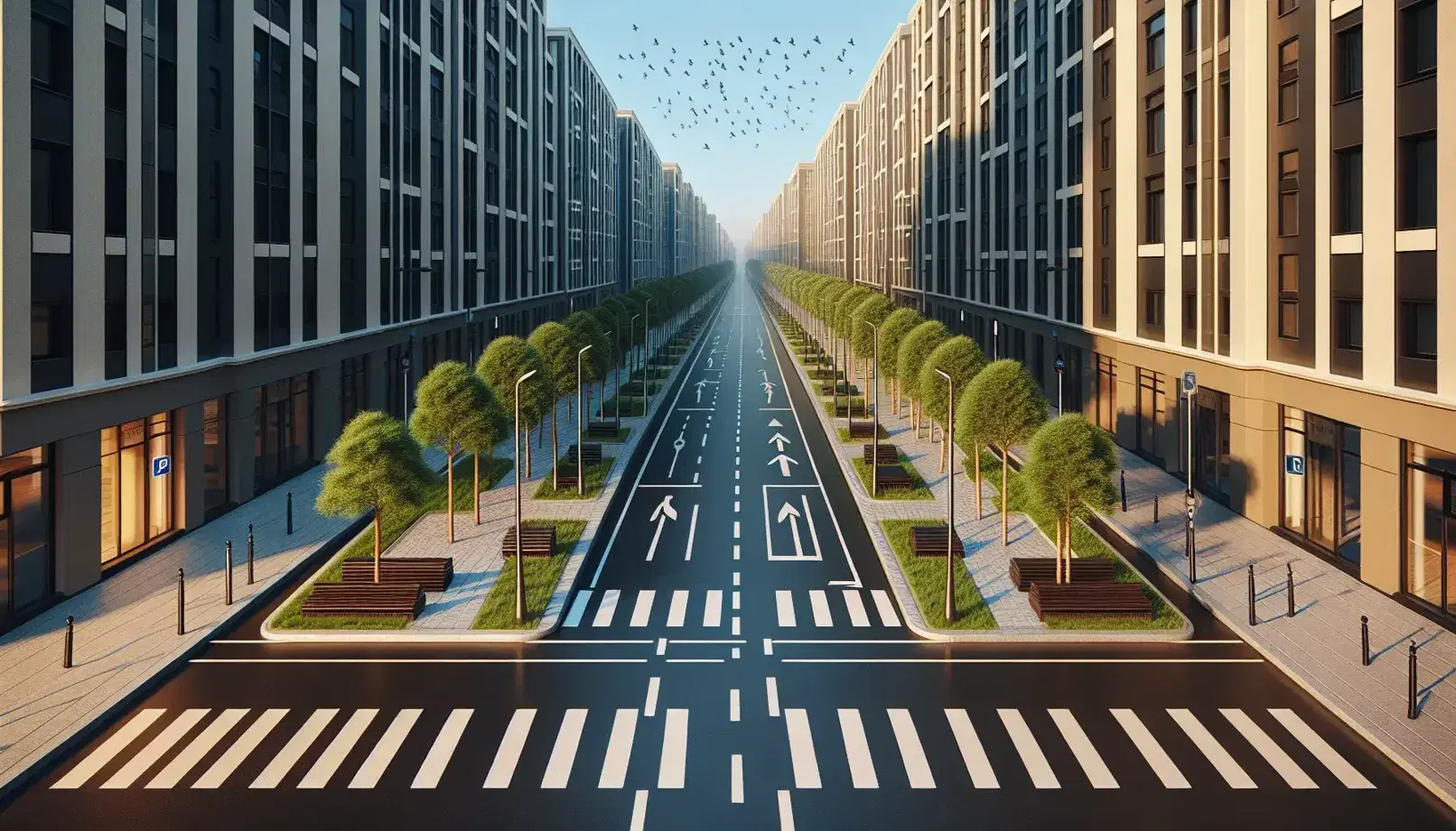 Scena urbana con strade incrociate, marciapiedi grigi, edifici riflettenti, alberi paralleli e panchine su erba verde sotto cielo azzurro.